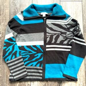 Women’s Christopher & Banks size Small black/gray/turquoise front zip sweater